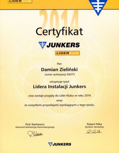 Certyfikat Junkers Lider Club dla Promax 2014