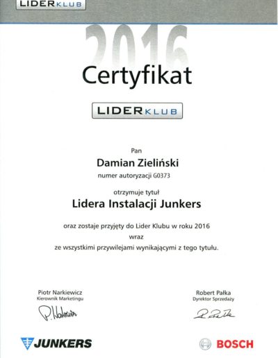 Certyfikat Junkers Bosch Lider Club dla Promax 2016