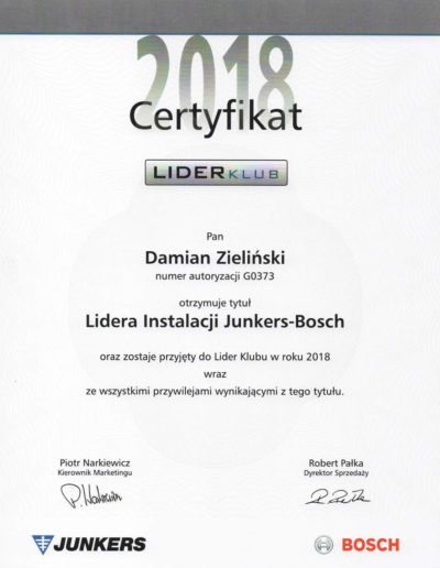 Certyfikat Lider KLub Junkers Bosch 2018 dla Promax