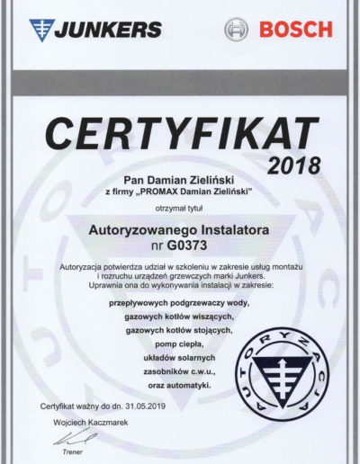 Certyfikat Autoryzacji Junkers Bosch 2018 dla Promax